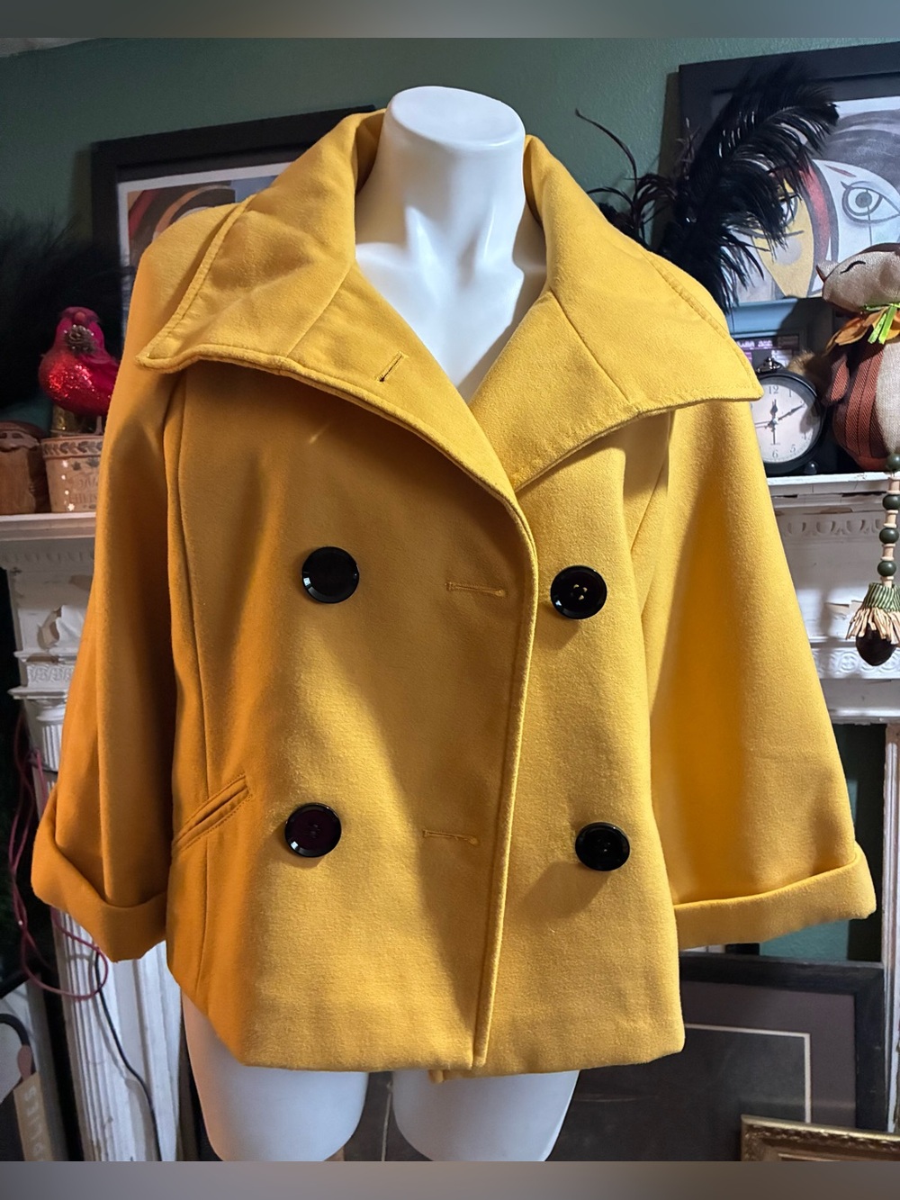 Worthington brand marigold Double-Breasted Pea Coat Jacket - Women's L